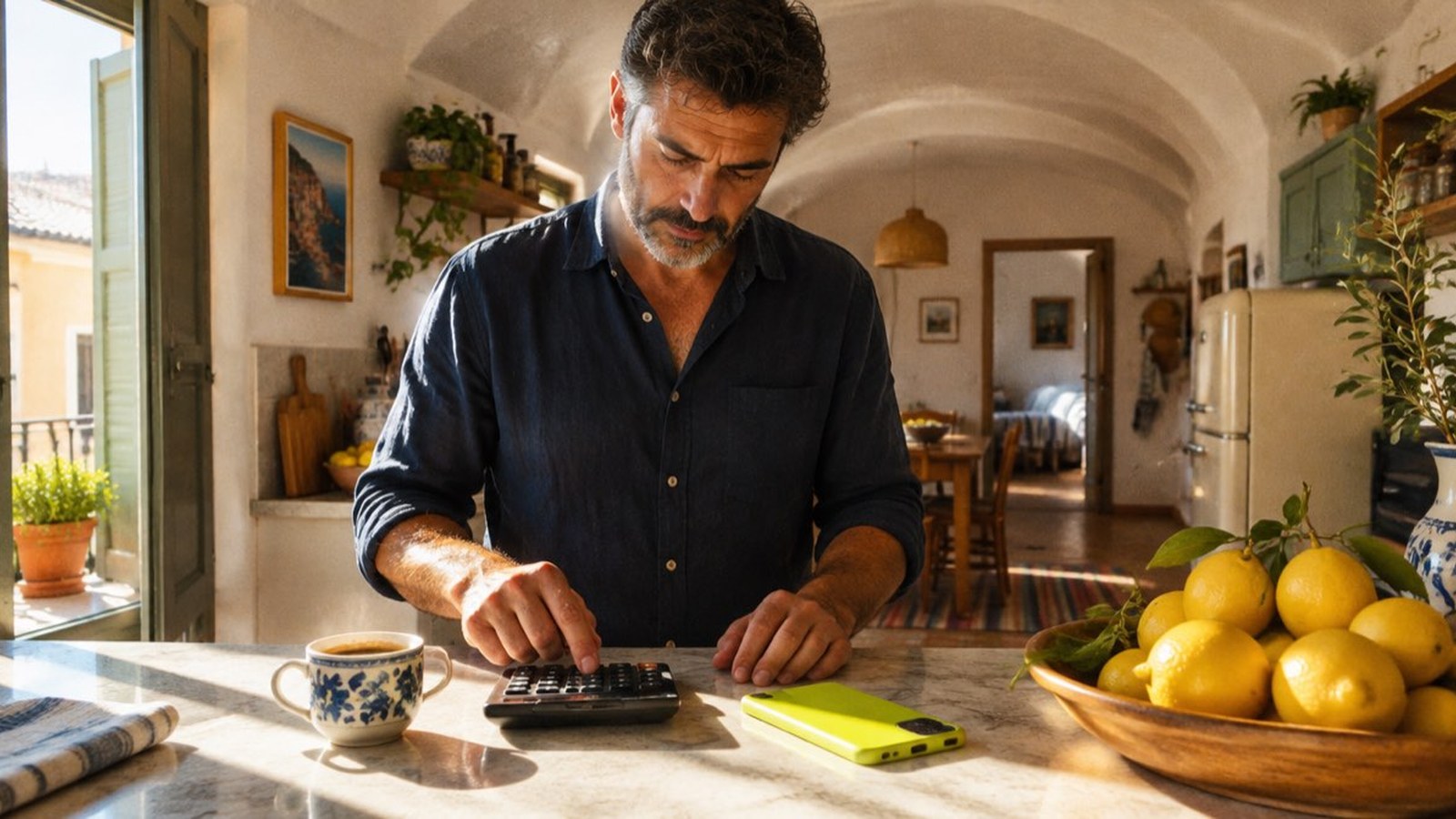 Uomo in camicia blu che fa i conti con la calcolatrice sul piano di marmo della cucina, accanto al telefono e a una ciotola di limoni, per capire quanto mutuo può chiedere con 2.300 euro al mese