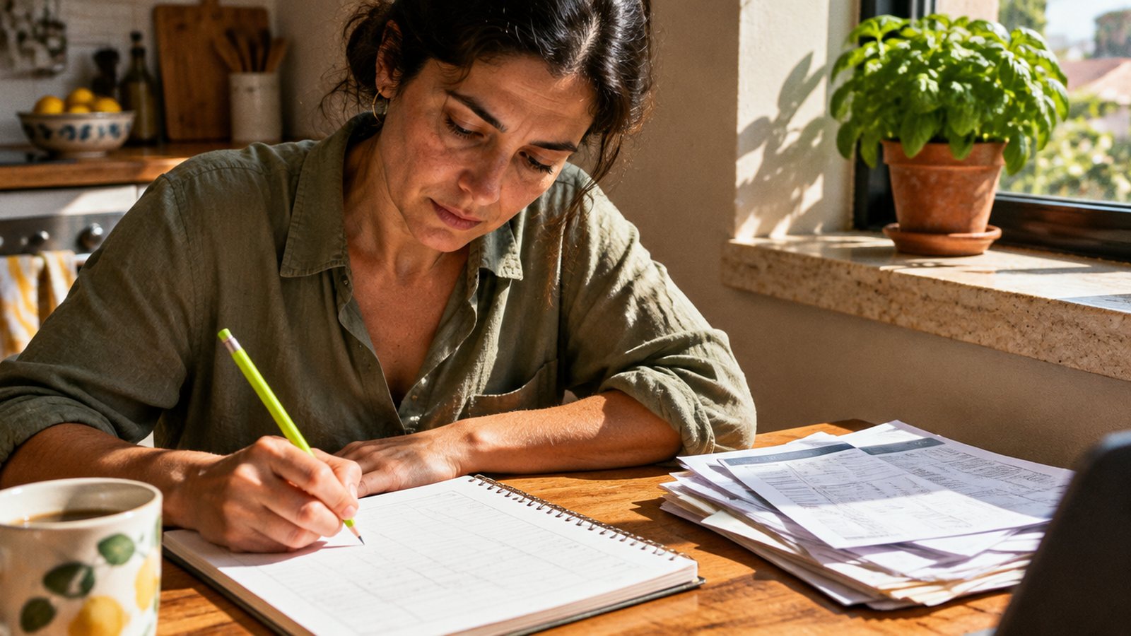 Donna che annota le spese di casa su un quaderno, con estratti conto accanto e una matita verde lime
