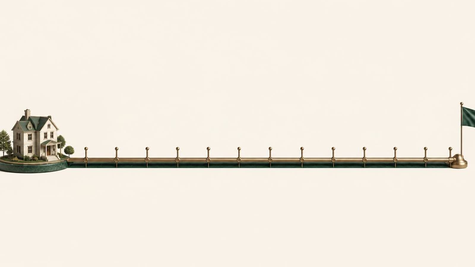 Illustrazione editoriale di una lunga timeline che rappresenta la durata quarantennale di un mutuo, dalla casa iniziale alla bandiera finale di estinzione