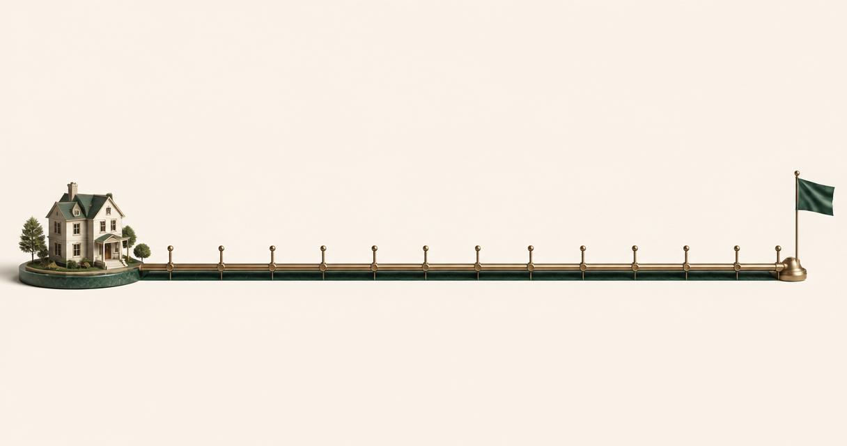 Illustrazione editoriale di una lunga timeline che rappresenta la durata quarantennale di un mutuo, dalla casa iniziale alla bandiera finale di estinzione