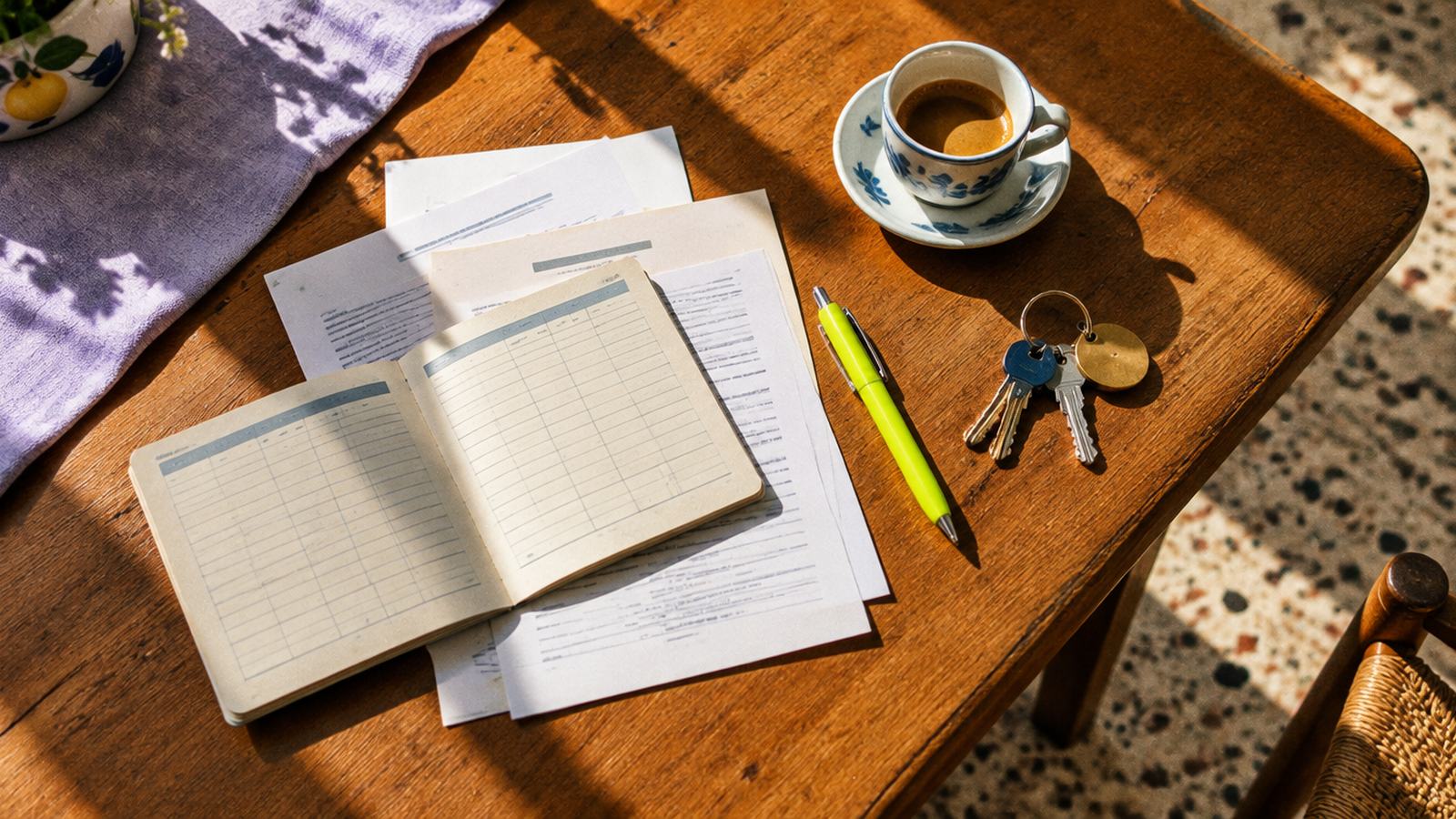 Libretto di risparmio aperto, documenti, penna verde lime e chiavi di casa sul tavolo della cucina, accanto a un caffè