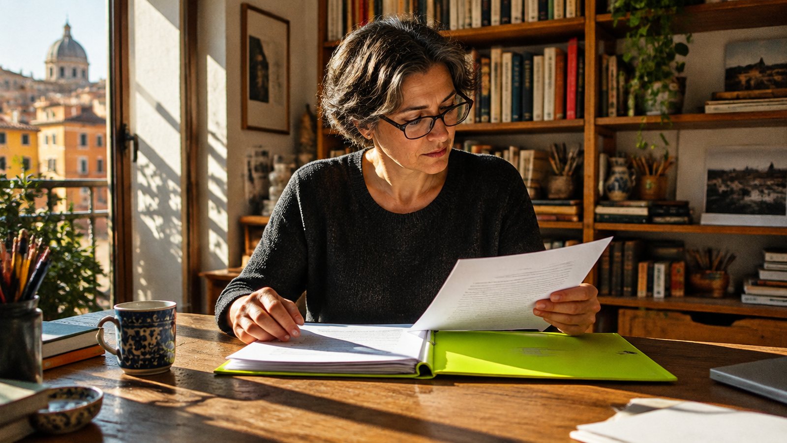 Donna con gli occhiali che esamina documenti in uno studio di casa pieno di libri, con una cartellina verde lime