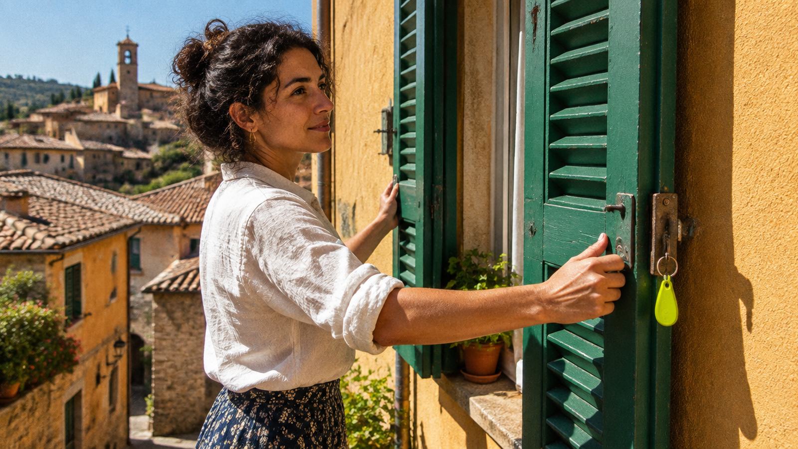 Donna che apre le persiane verdi di una piccola casa di paese, con un portachiavi verde lime appeso alla serratura