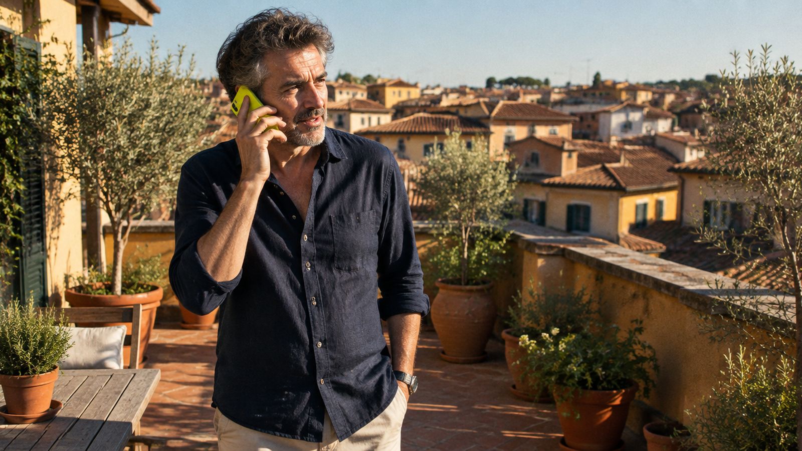 Uomo al telefono sul terrazzo di un appartamento, fra vasi di terracotta e tetti di città