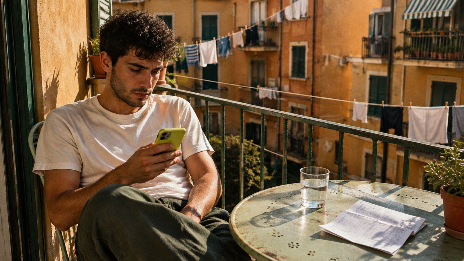 Ragazzo sul balcone di un condominio che guarda il telefono, con una busta paga piegata sul tavolino