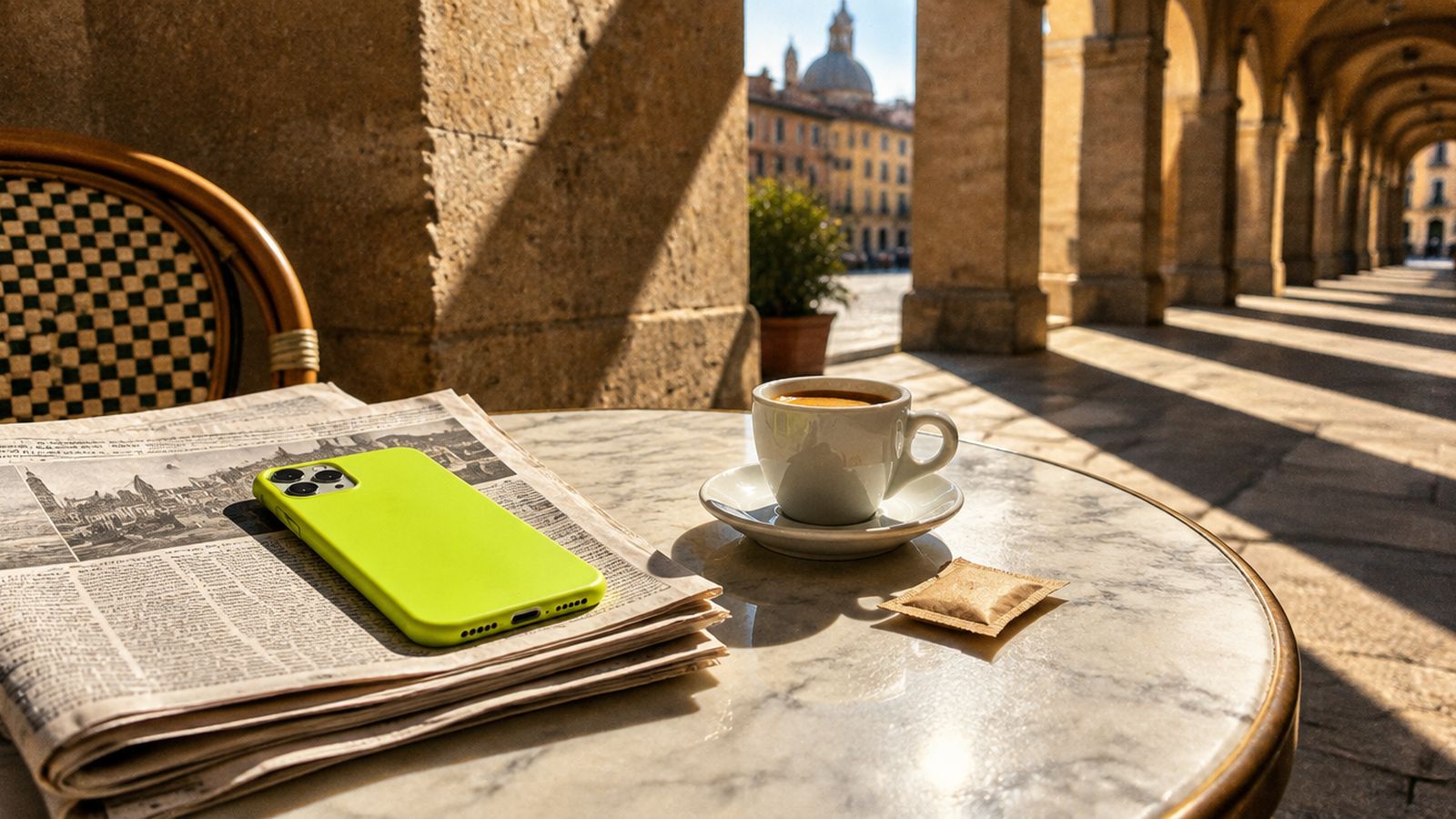 Telefono con cover verde lime su una pila di giornali, accanto a un caffè, su un tavolino di marmo sotto un portico