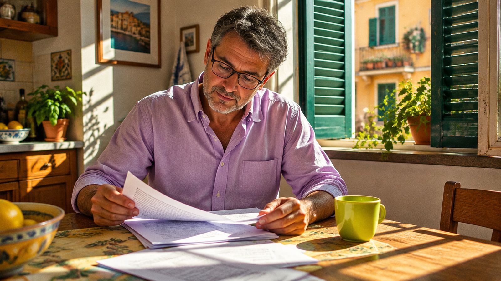 Uomo brizzolato con gli occhiali e la camicia lilla che rilegge i fogli del mutuo al tavolo della cucina, accanto a una tazza verde lime