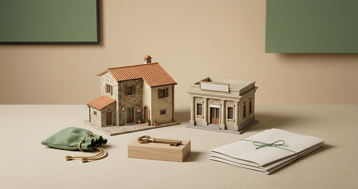 Illustrazione editoriale di piccola banca cooperativa locale accanto a casa italiana — mutuo BCC 2026