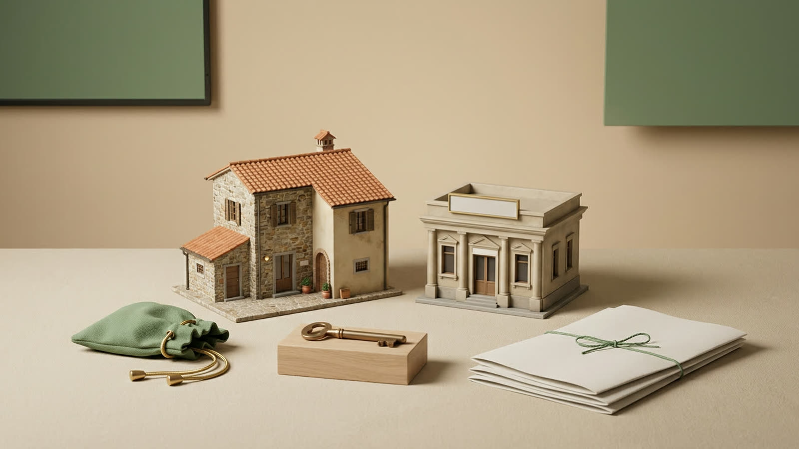 Illustrazione editoriale di piccola banca cooperativa locale accanto a casa italiana — mutuo BCC 2026