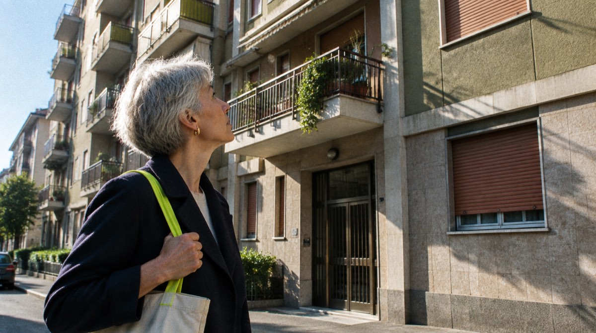 Illustrazione editoriale di piccola banca cooperativa locale accanto a casa italiana — mutuo BCC 2026