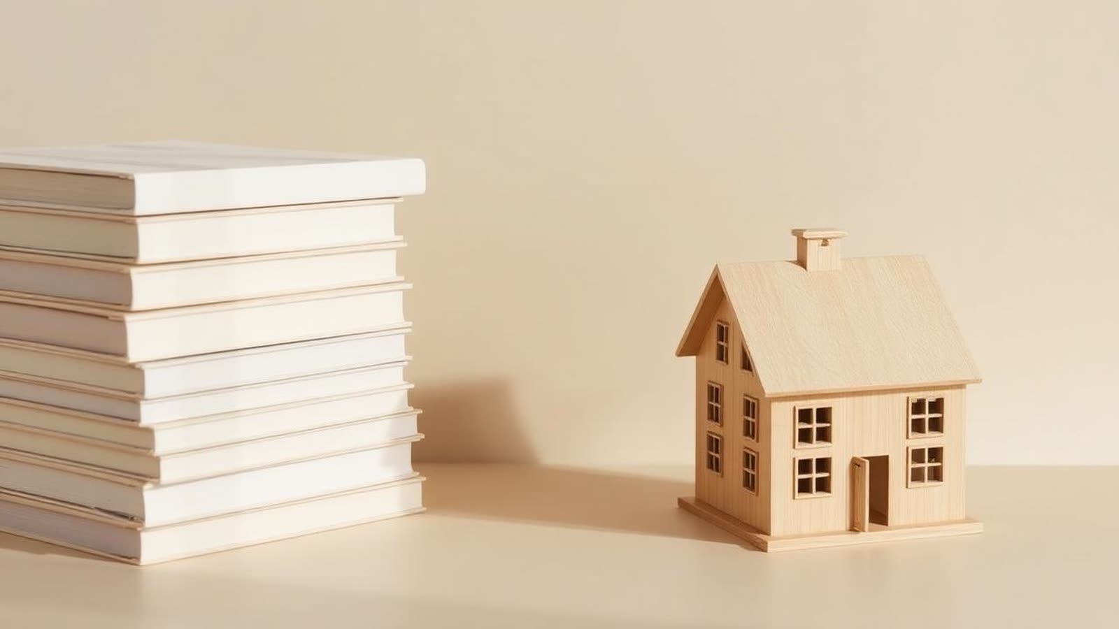 Pila di libri chiari accanto a un modellino di casa in legno su superficie beige