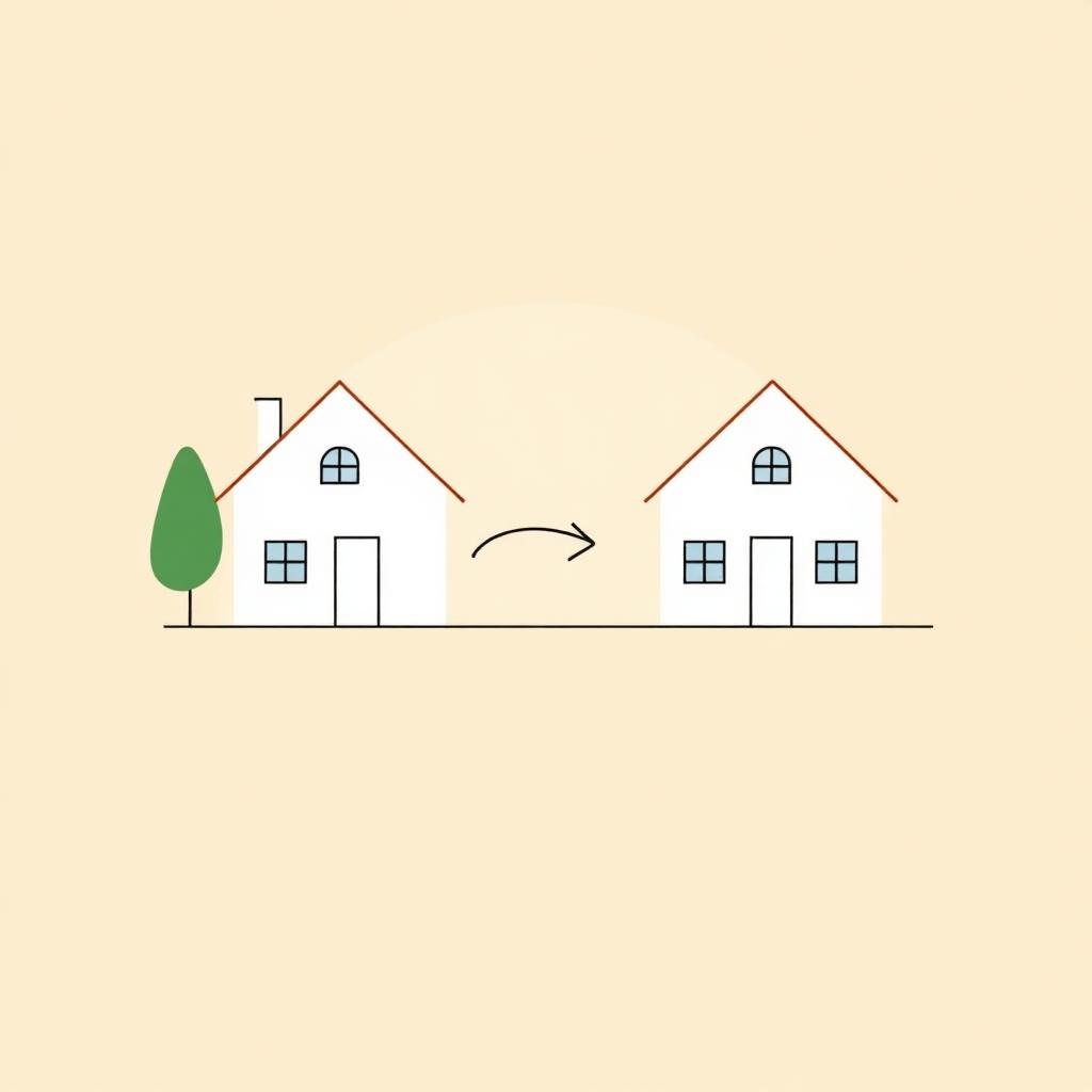 Illustrazione minimalista di due case collegate da una freccia — cambio casa con mutuo in corso