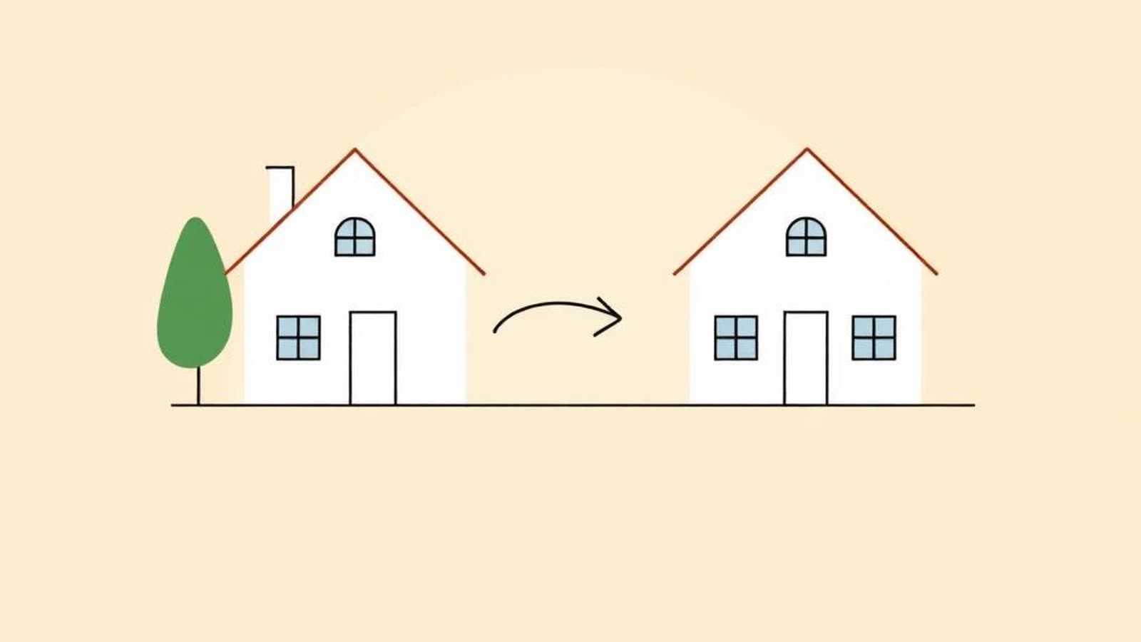 Illustrazione minimalista di due case collegate da una freccia — cambio casa con mutuo in corso