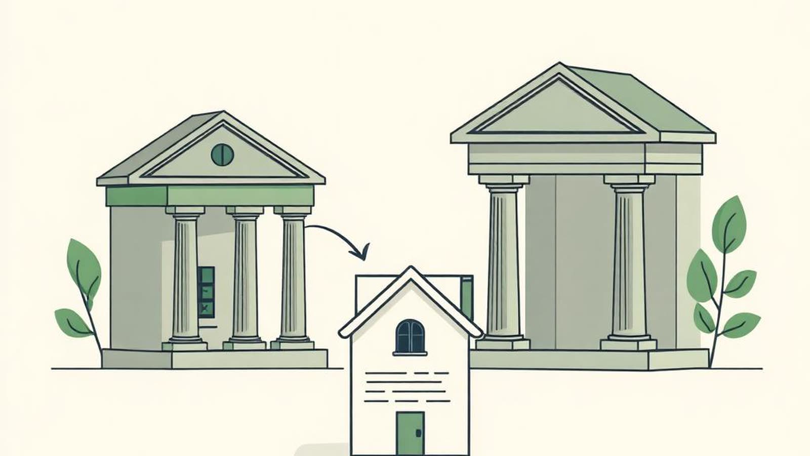 Illustrazione editoriale di un fascicolo di mutuo che passa da una banca a un'altra tramite un documento di cessione del credito, stile beige e verde