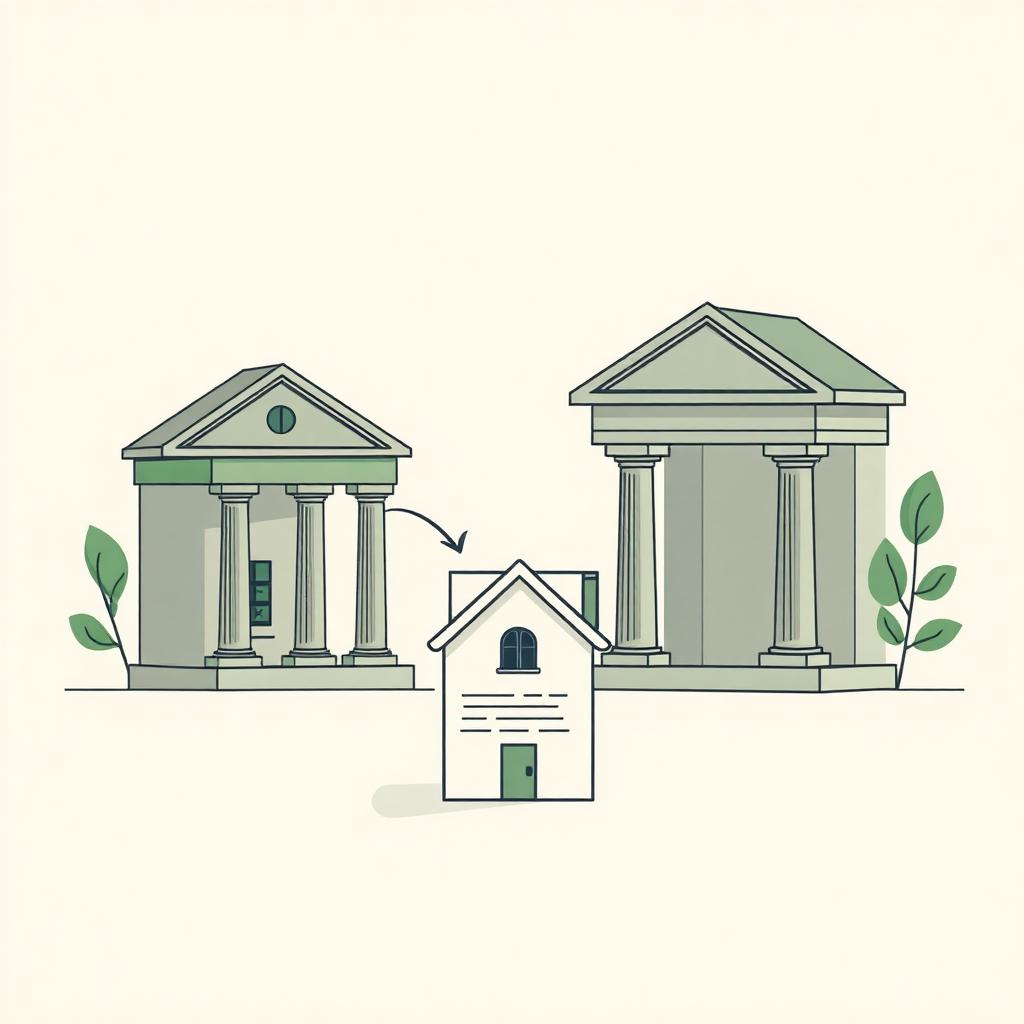 Illustrazione editoriale di un fascicolo di mutuo che passa da una banca a un'altra tramite un documento di cessione del credito, stile beige e verde