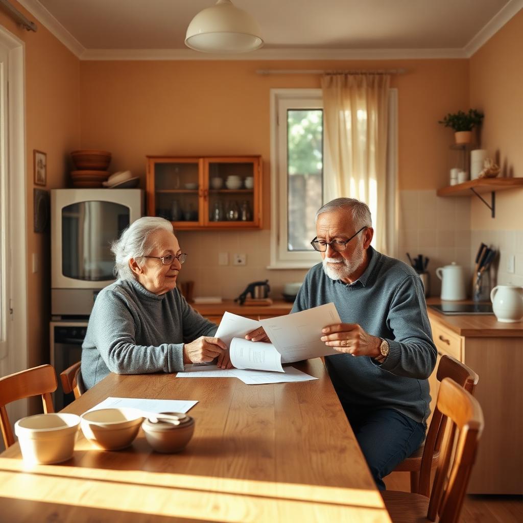 Genitore e figlio adulto al tavolo di cucina con documenti - comodato d'uso gratuito casa con mutuo 2026