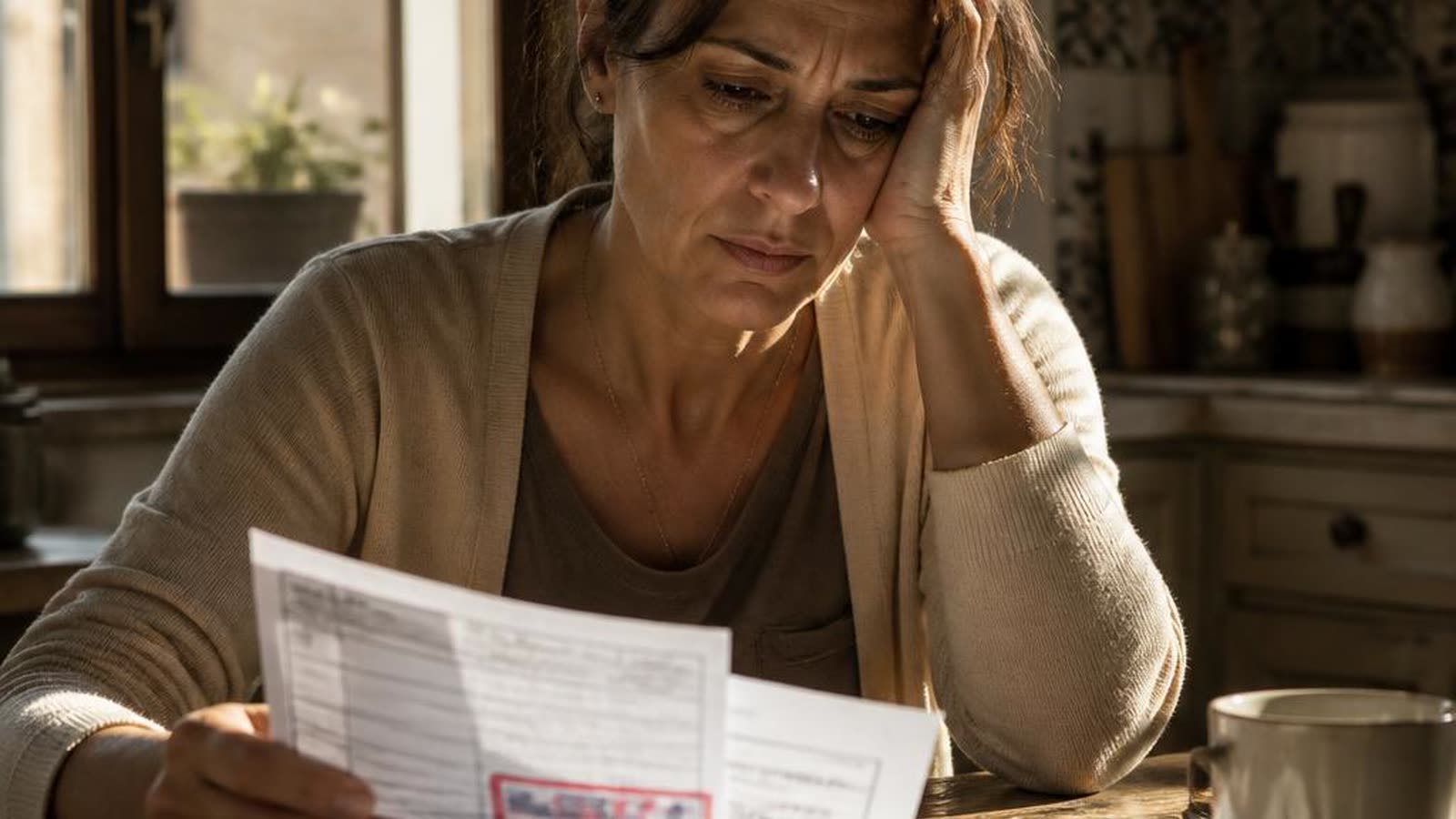 Persona preoccupata al tavolo con documenti bancari e report creditizio — mutuo per cattivo pagatore CRIF SIC 2026