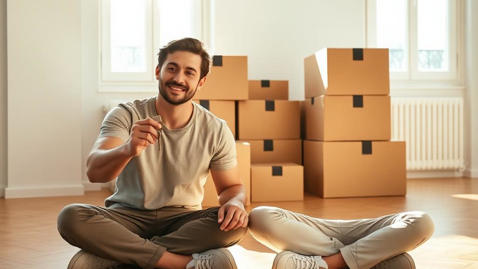 Coppia di conviventi non sposati sul pavimento del nuovo appartamento con chiavi in mano: il momento della cointestazione mutuo tra partner di fatto