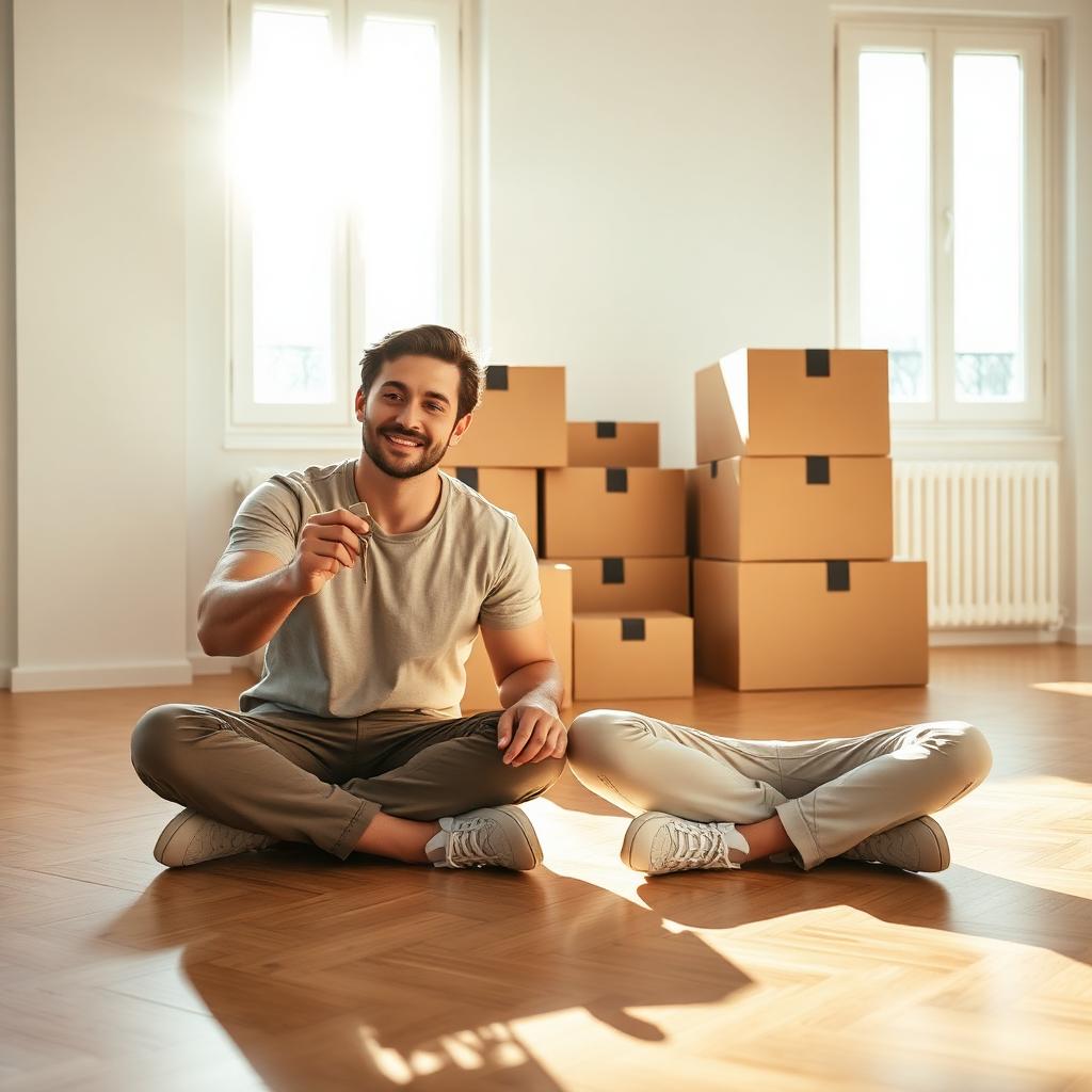Coppia di conviventi non sposati sul pavimento del nuovo appartamento con chiavi in mano: il momento della cointestazione mutuo tra partner di fatto