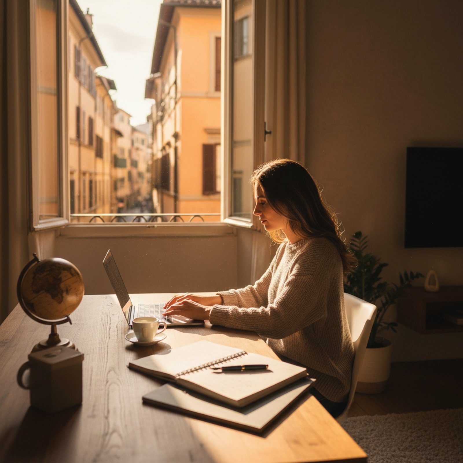 Professionista in smart working al computer in un appartamento italiano luminoso — mutuo con contratto di azienda estera