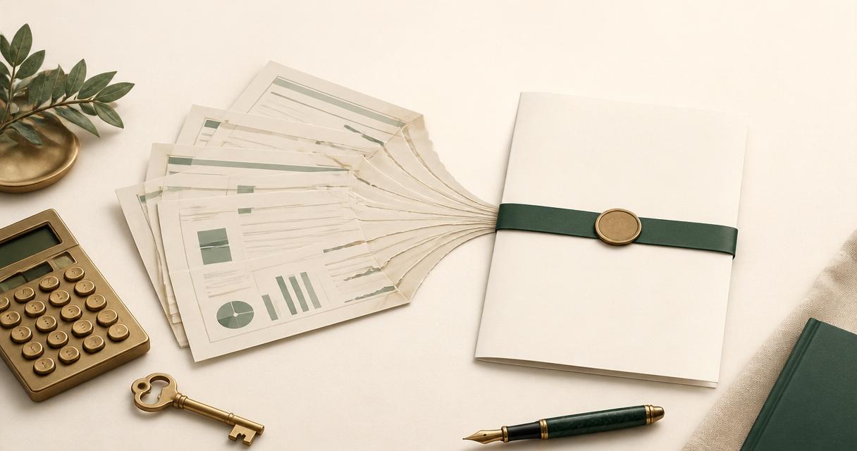 Scrivania italiana con più estratti conto di prestiti personali, quaderno con calcolo somma rate, calcolatrice, chiave di casa, foglio riepilogativo con nuova rata unica di mutuo consolidamento debiti
