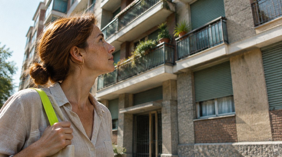 Donna con una borsa a tracolla lime guarda un condominio anni Sessanta, pensando se chiedere il mutuo con un prestito ancora in corso