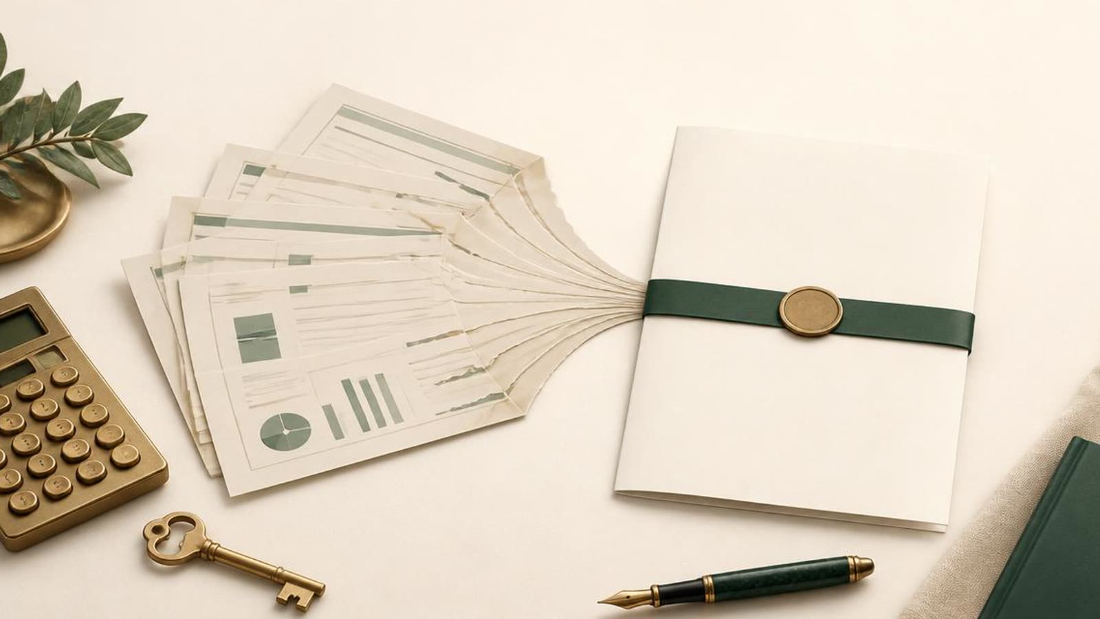Scrivania italiana con più estratti conto di prestiti personali, quaderno con calcolo somma rate, calcolatrice, chiave di casa, foglio riepilogativo con nuova rata unica di mutuo consolidamento debiti