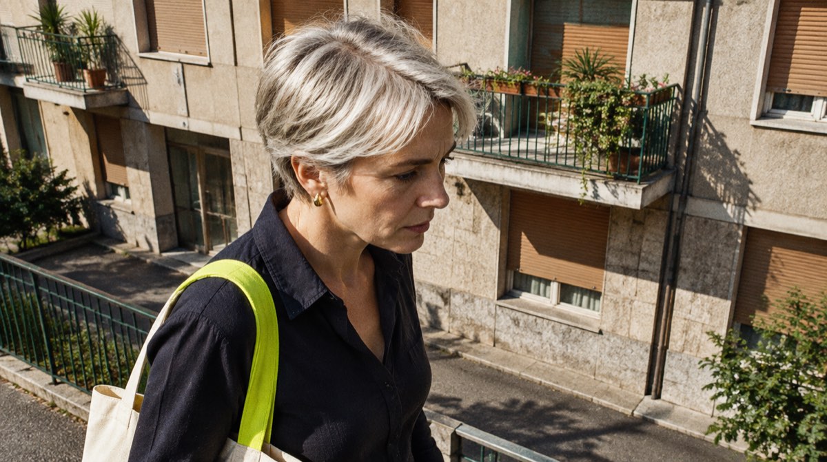 Cantiere residenziale non ultimato con impalcature e strada sterrata, luce diffusa