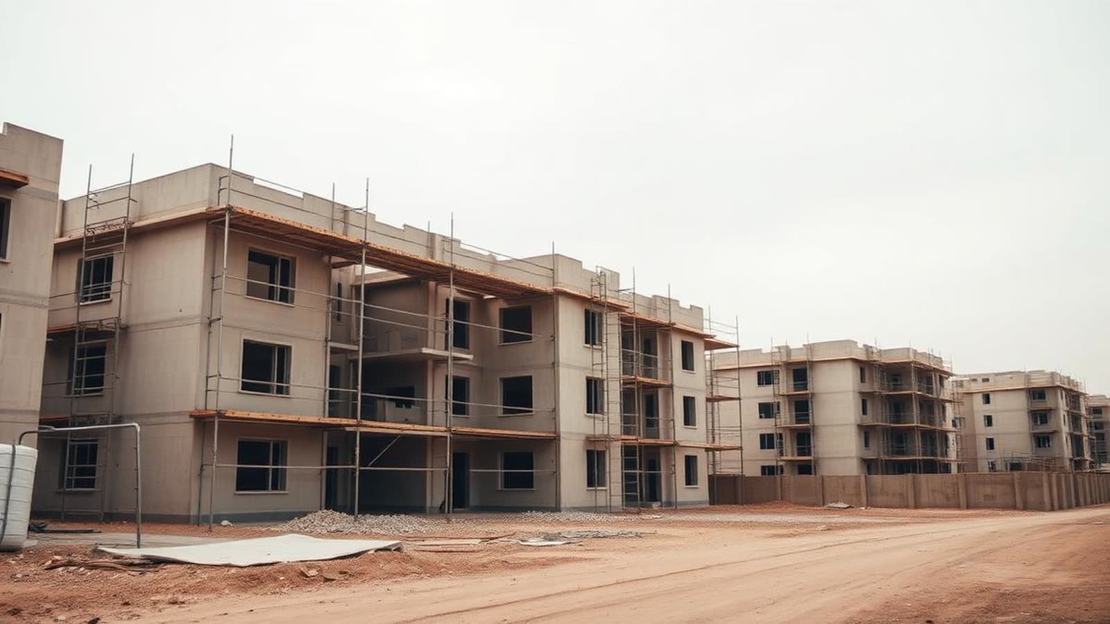 Cantiere residenziale non ultimato con impalcature e strada sterrata, luce diffusa