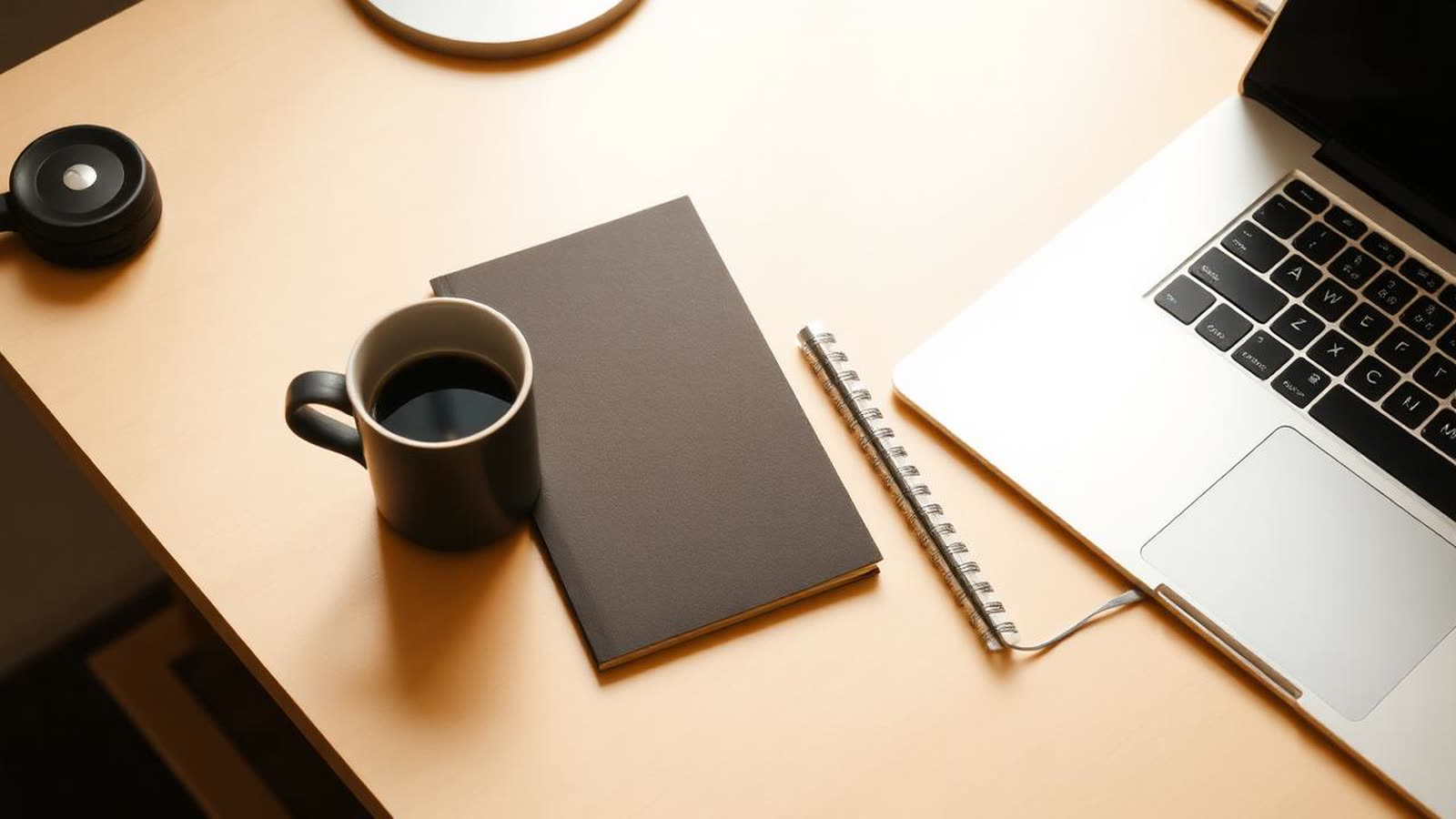 Scrivania con quaderno, tazza di caffè e bordo di un laptop in luce naturale calda
