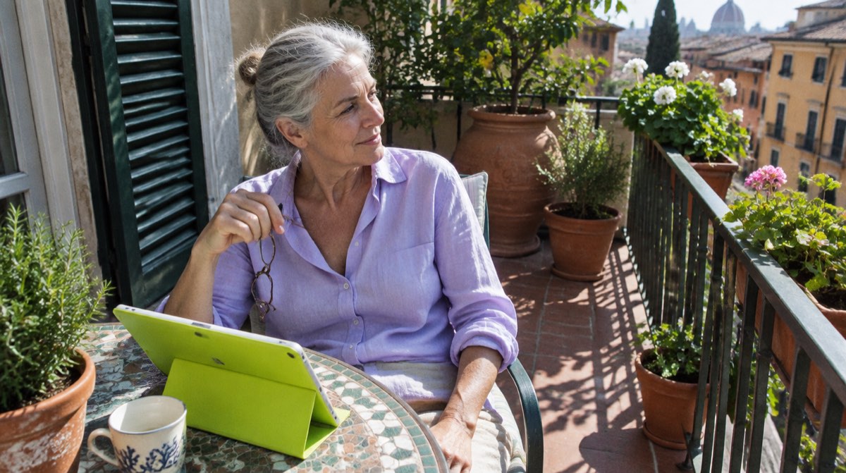 Genitore pensionato che firma documenti per il mutuo del figlio — illustrazione editoriale in toni verdi e beige