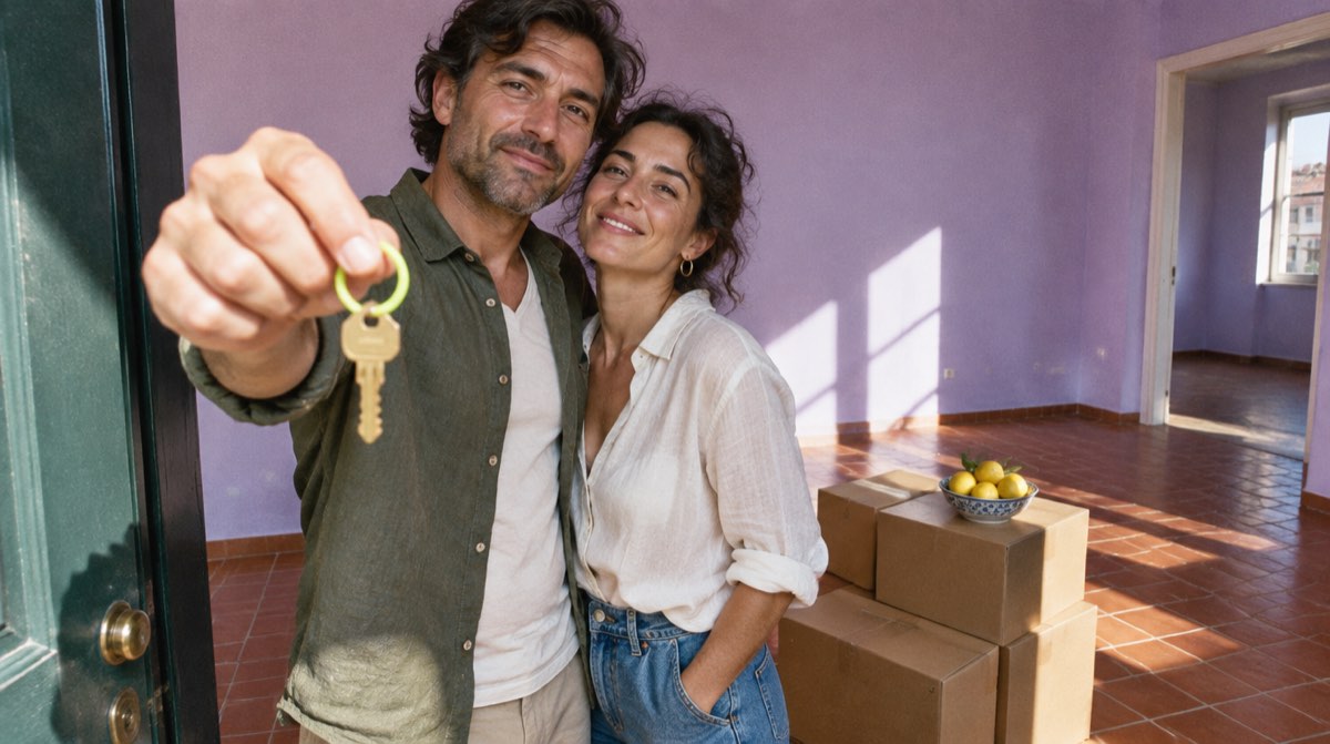 Coppia di trentenni sulla porta della prima casa mostra le chiavi appena ricevute, con gli scatoloni del trasloco alle spalle