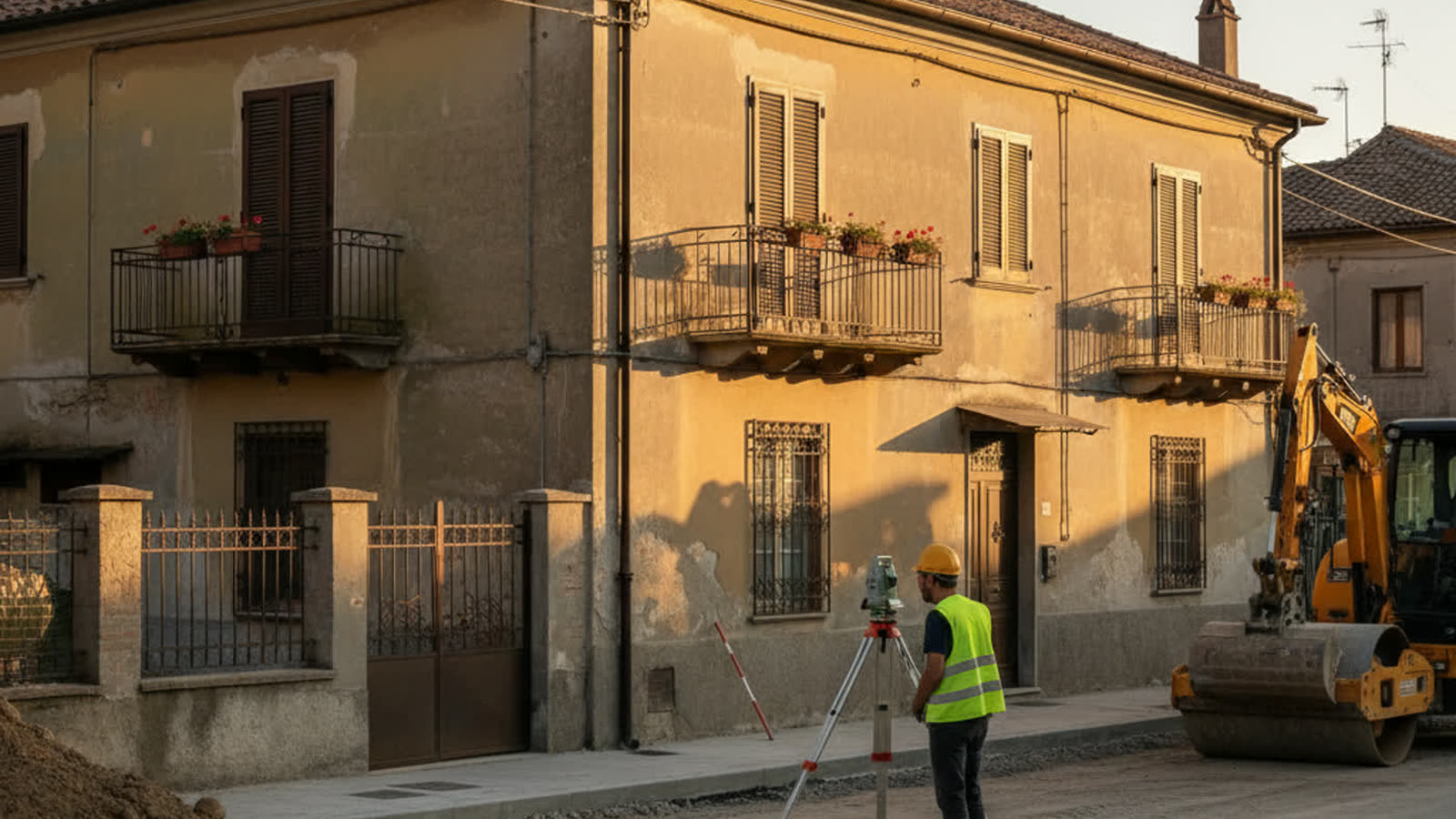 Casa residenziale italiana con cantiere di opera pubblica e tecnico che effettua un rilievo — espropriazione di un immobile con mutuo ipotecario in corso