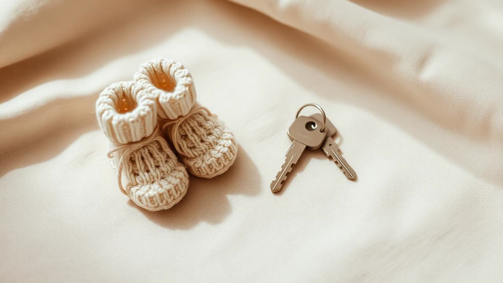 Scarpine di lana neonato accanto a un mazzo di chiavi di casa su tessuto beige
