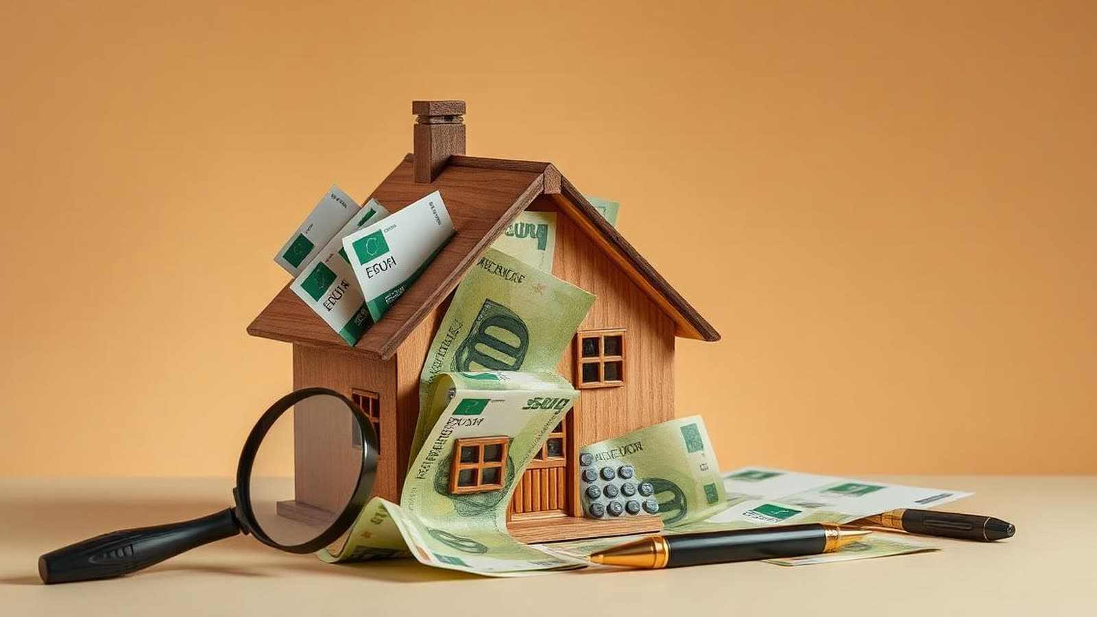 Banconote in euro che escono da un modellino di casa, lente di ingrandimento su contratto di mutuo liquidità, calcolatrice e penna — illustrazione editoriale beige con accenti verdi