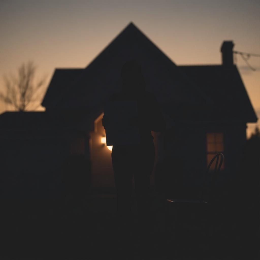 Silhouette di persona con documenti mutuo davanti a una casa al tramonto — morte cointestatario mutuo