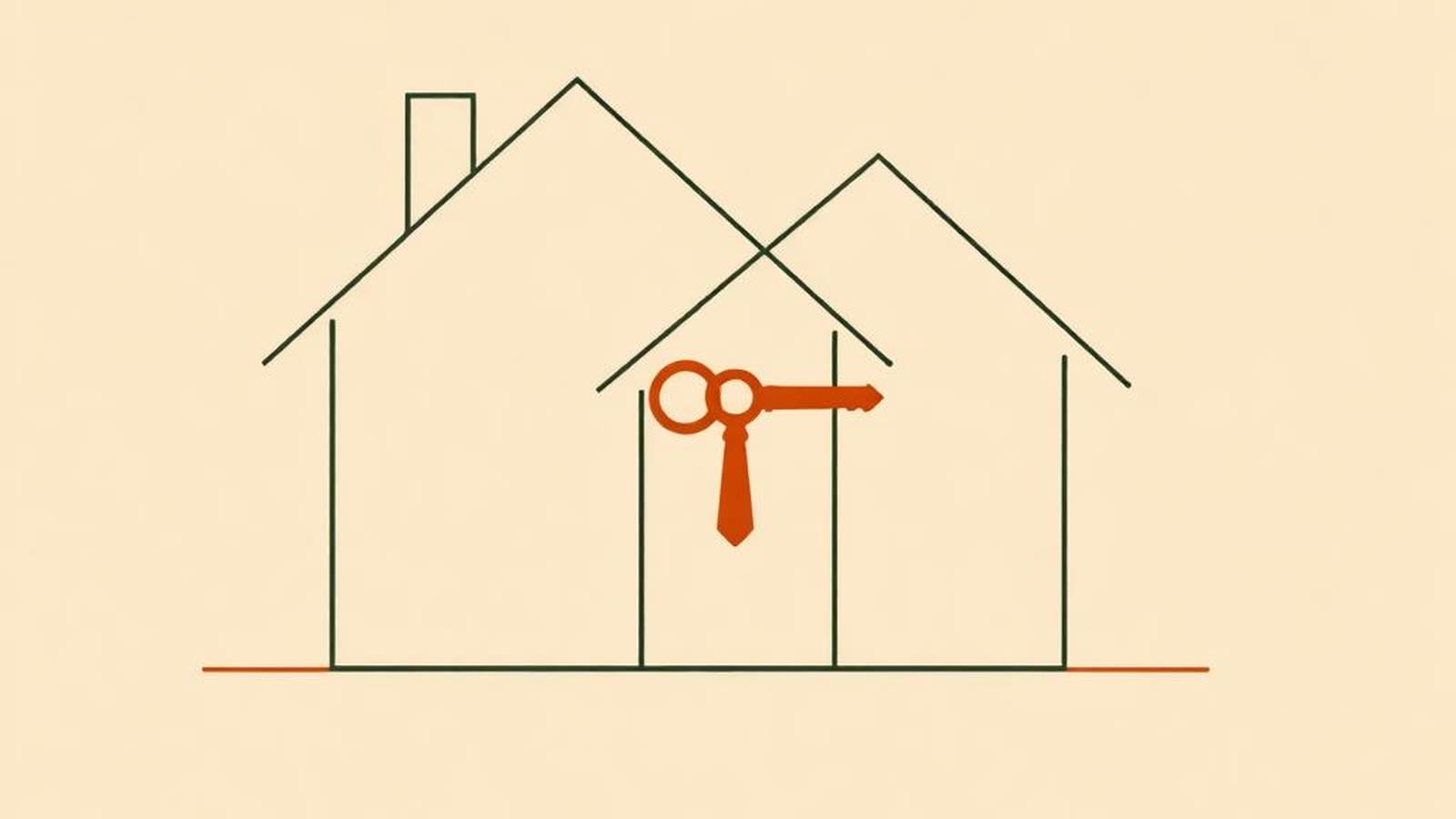 Illustrazione editoriale di due sagome di casa sovrapposte con chiave — mutuo per acquisto nuda proprietà 2026
