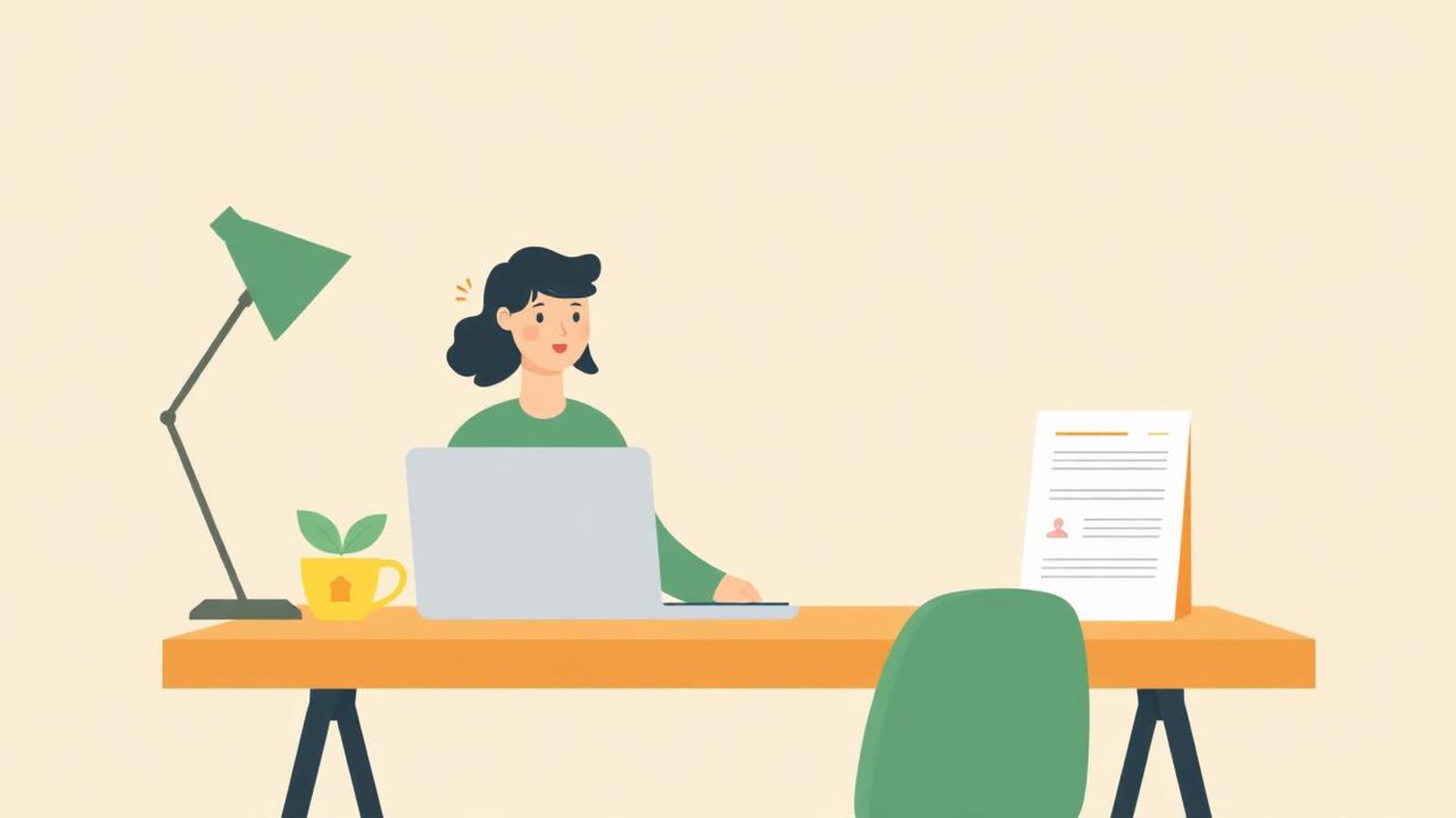 Illustrazione editoriale di una libera professionista con partita IVA al suo desk con laptop e documenti fiscali, mentre valuta la richiesta di mutuo per acquisto casa