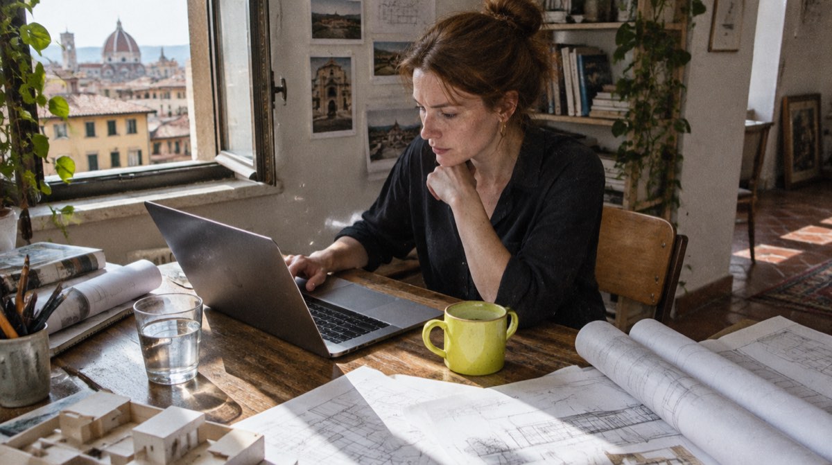 Illustrazione editoriale di una libera professionista con partita IVA al suo desk con laptop e documenti fiscali, mentre valuta la richiesta di mutuo per acquisto casa
