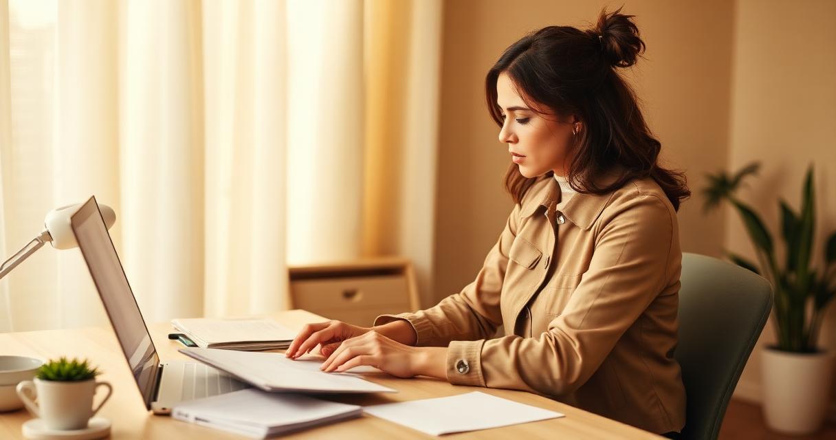 Lavoratrice autonoma con documenti e laptop in ufficio domestico — mutuo partita IVA forfettario 2026