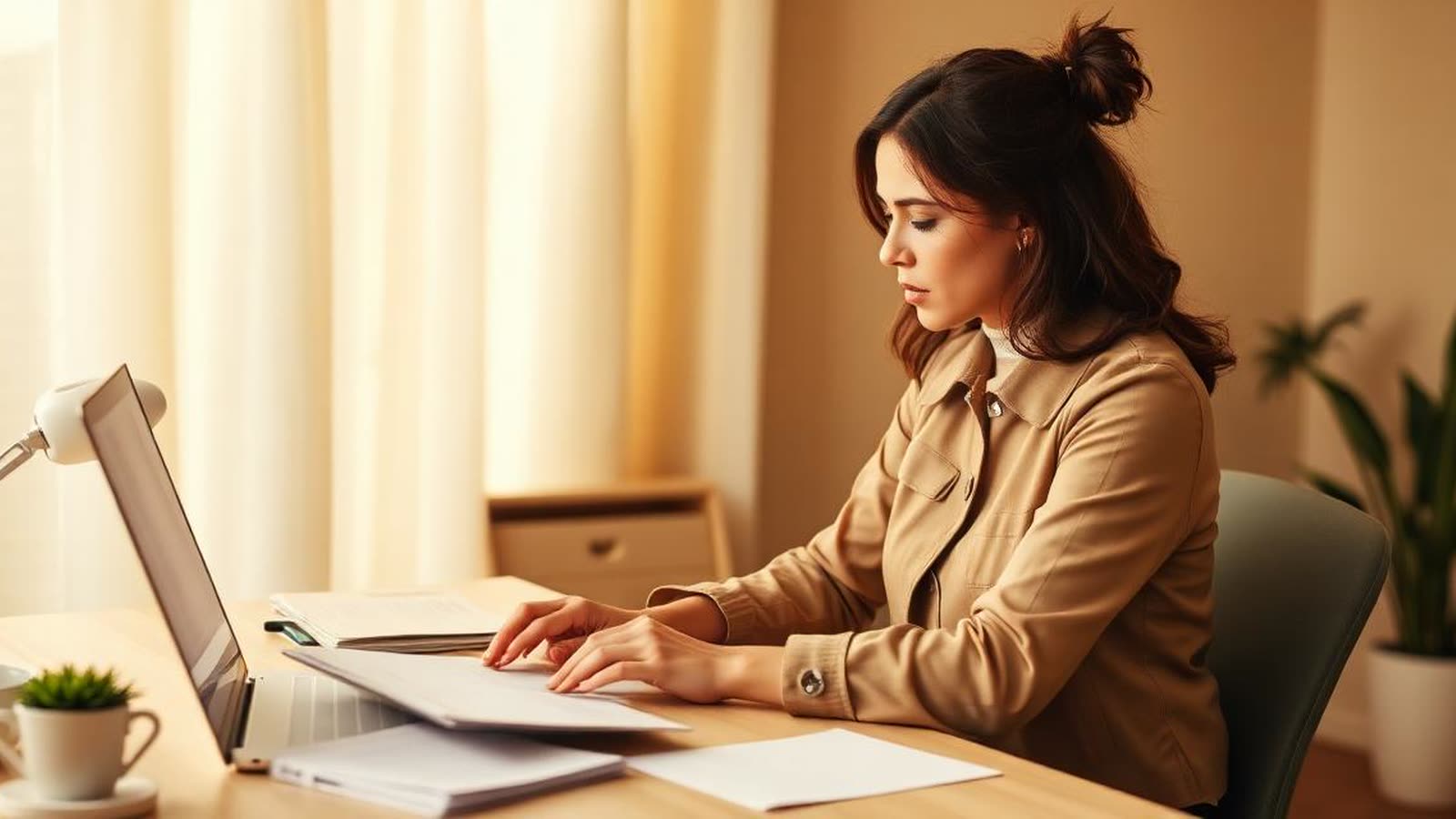 Lavoratrice autonoma con documenti e laptop in ufficio domestico — mutuo partita IVA forfettario 2026