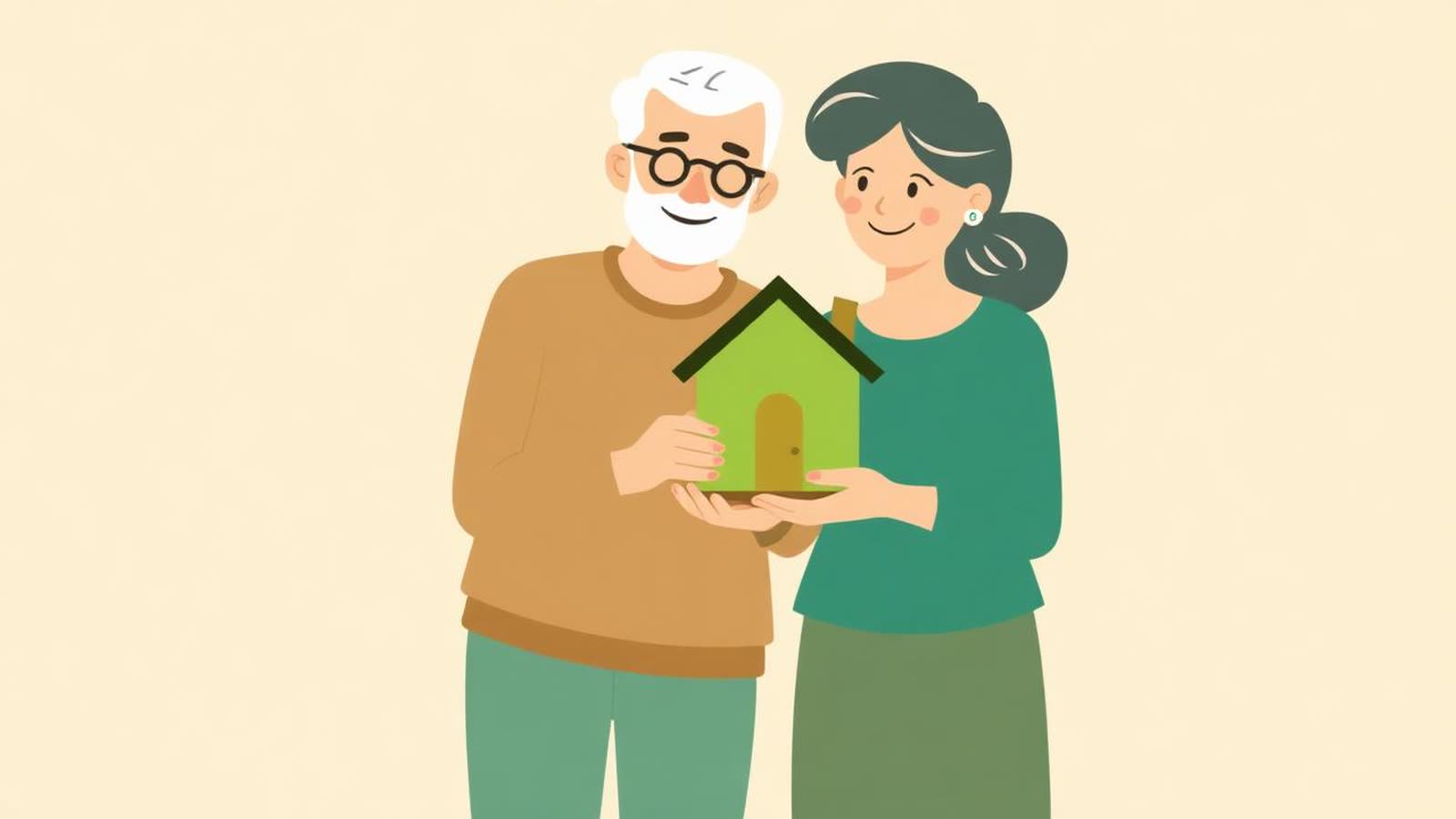 Genitore pensionato che firma documenti per il mutuo del figlio — illustrazione editoriale in toni verdi e beige
