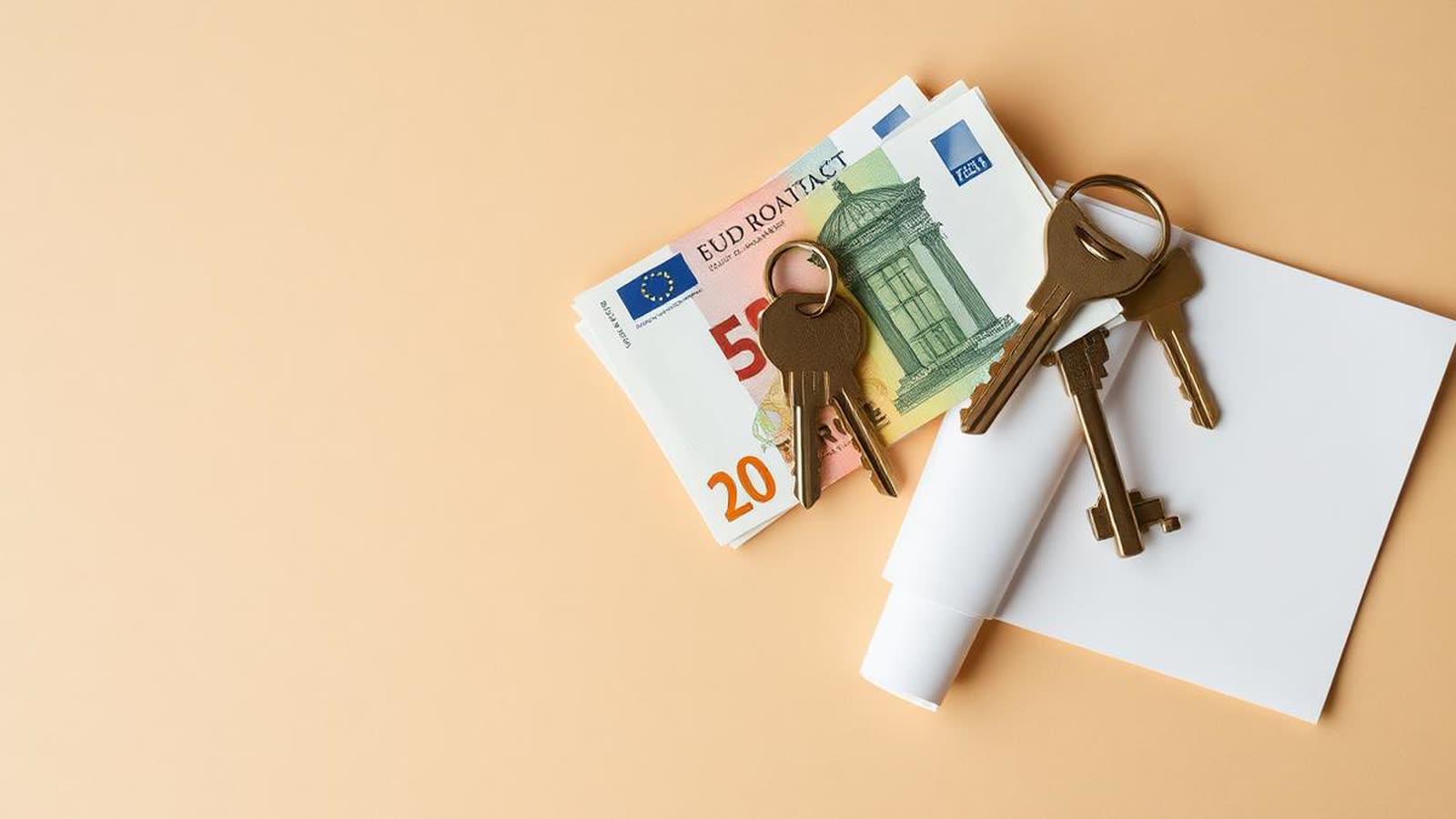 Banconote in euro accanto a chiavi di casa in ottone e un contratto piegato su fondo beige