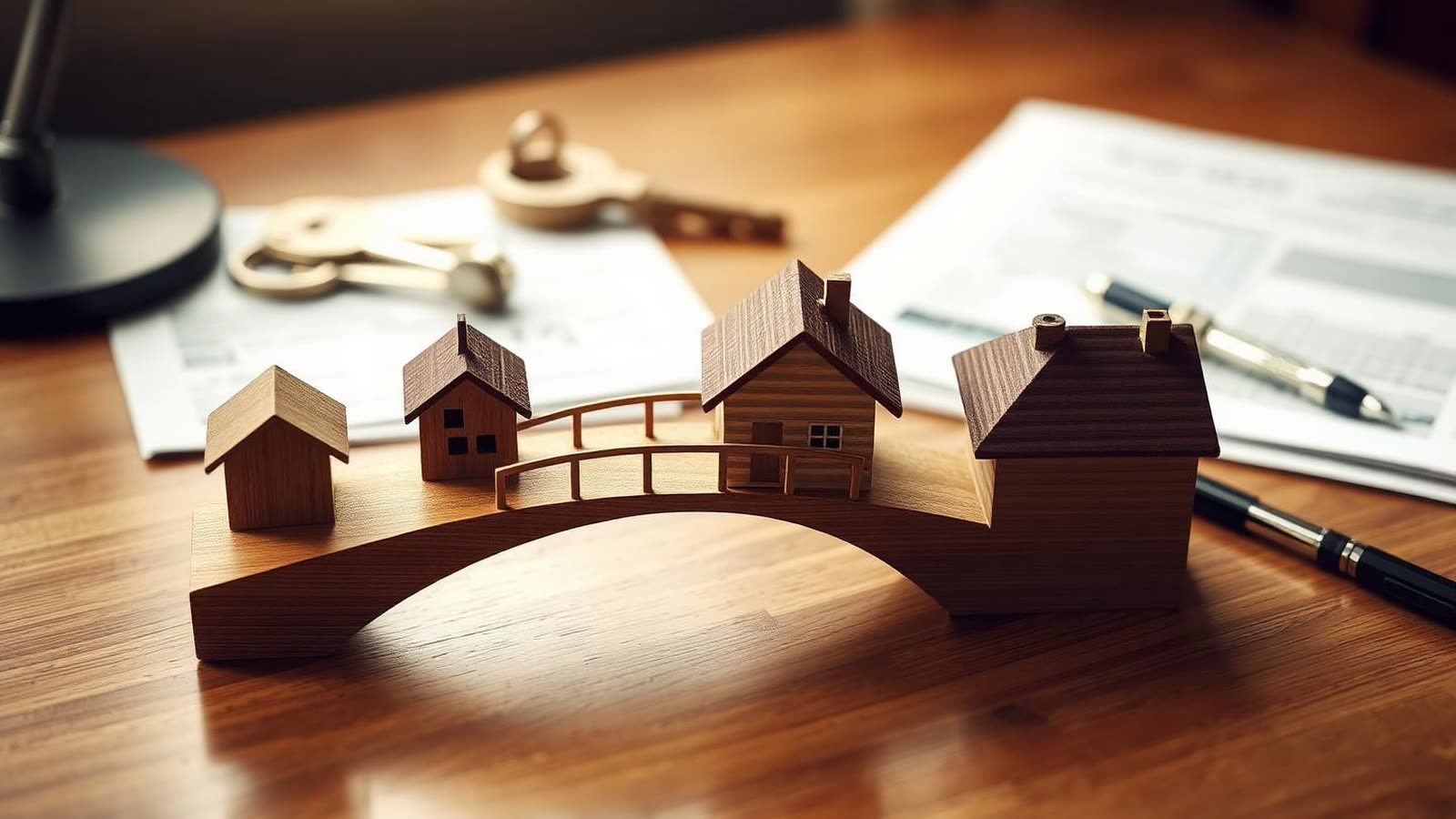 Illustrazione minimalista di due case collegate da un ponte — il mutuo ponte per comprare casa prima di vendere la vecchia