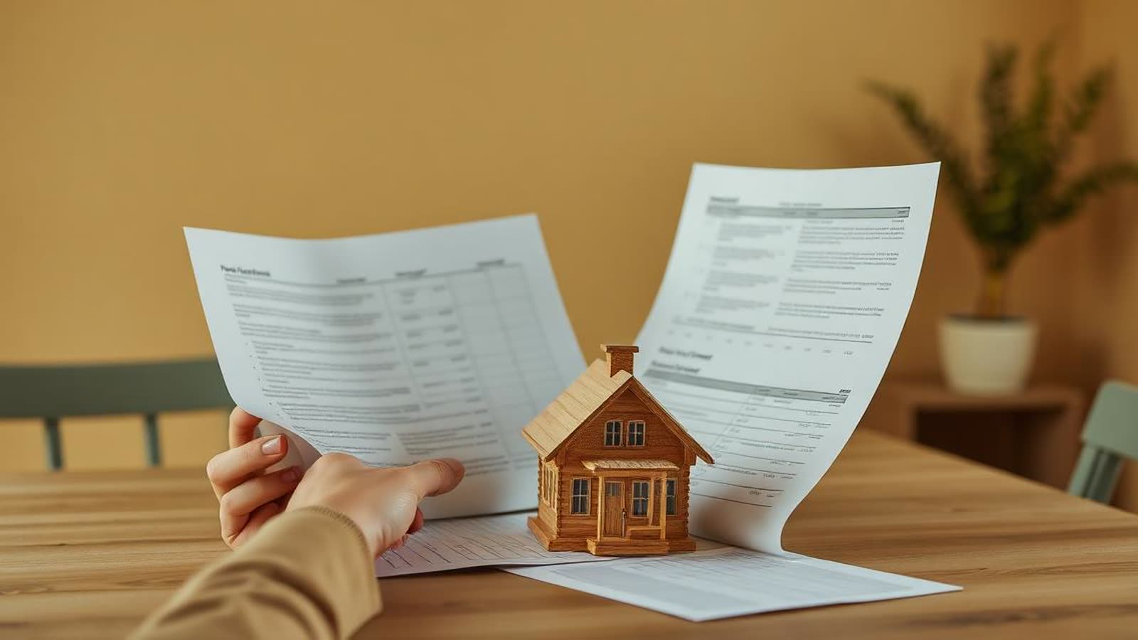 Persona che esamina documenti finanziari e modellino di casa sul tavolo di cucina — mutuo prima casa da disoccupato con NASpI 2026