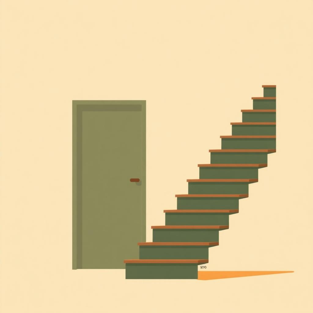 Illustrazione editoriale con porta chiusa e scala che sale — mutuo rifiutato: cause e cosa fare dopo il no della banca 2026