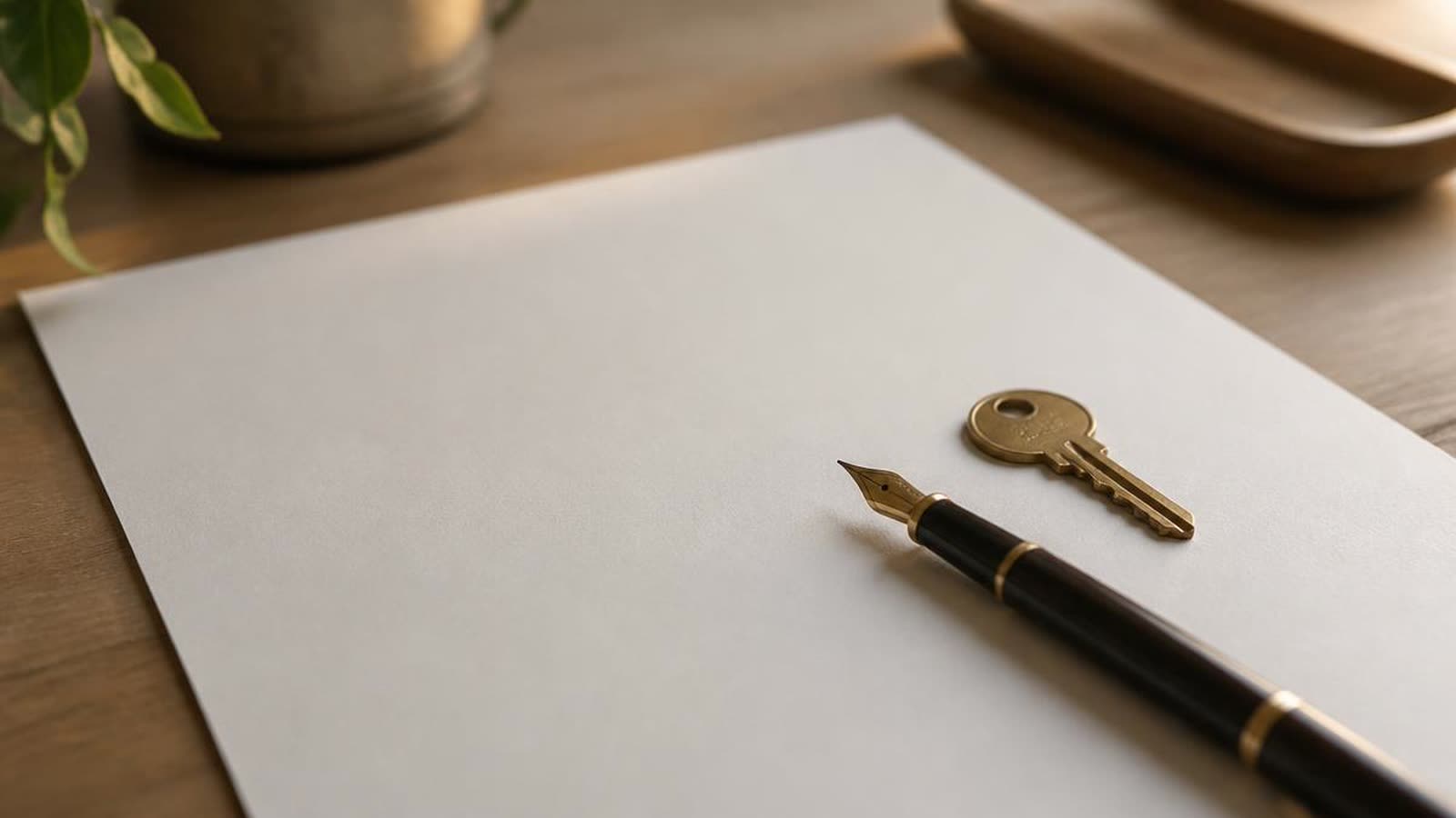 Contratto preliminare di compravendita firmato su una scrivania in legno con penna e chiavi di casa