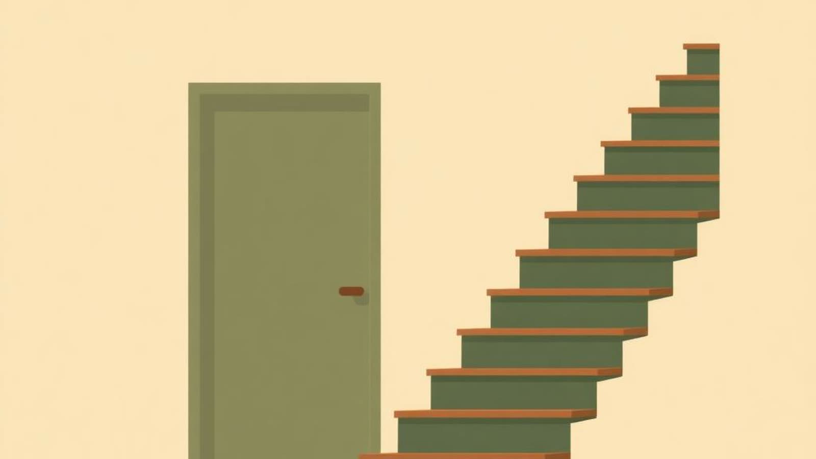 Illustrazione editoriale con porta chiusa e scala che sale — mutuo rifiutato: cause e cosa fare dopo il no della banca 2026