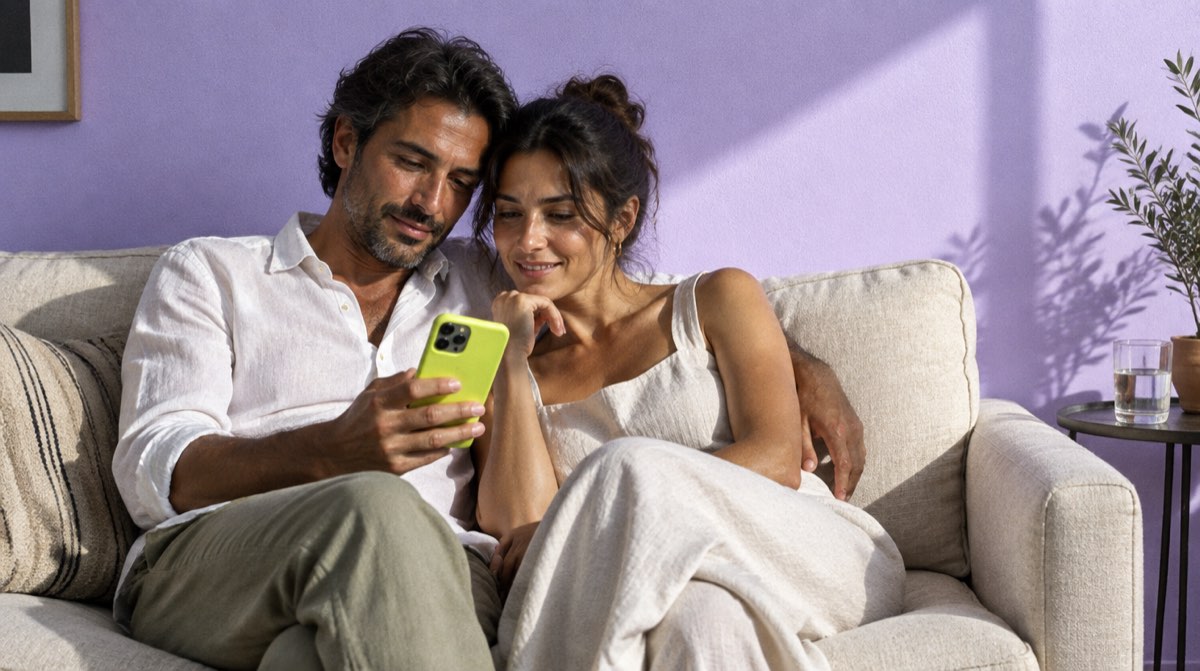 Coppia seduta sul divano davanti a una parete lilla guarda lo smartphone: i conti del riscatto della casa popolare