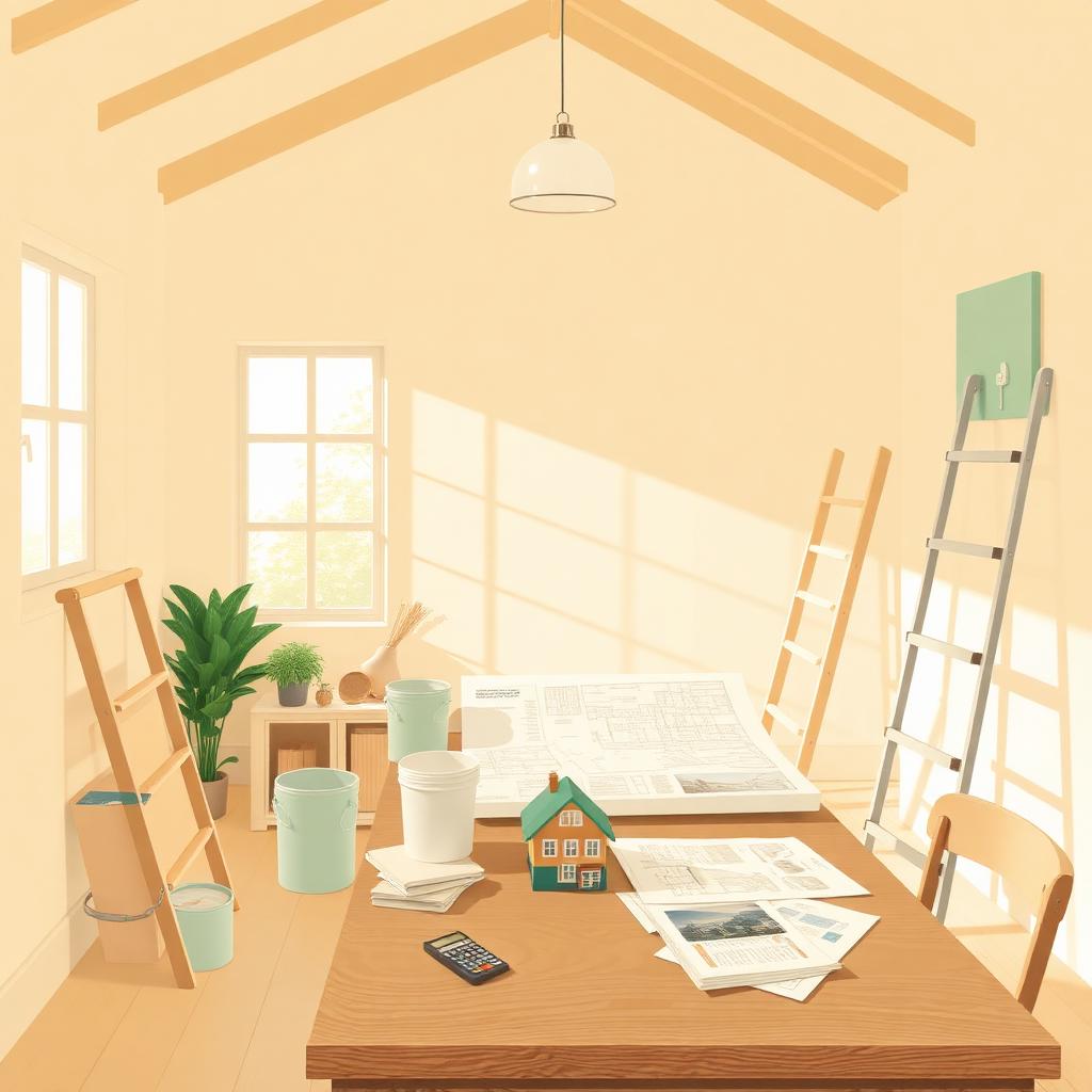 Interno di casa in ristrutturazione con scala, secchi di vernice, planimetria sul tavolo, modellino di casa e calcolatrice — illustrazione editoriale beige con accenti verdi